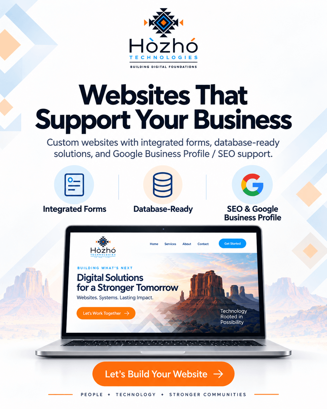 Hózhó Technologies website development campaign featuring integrated forms, database-ready solutions, and Google Business Profile and SEO support